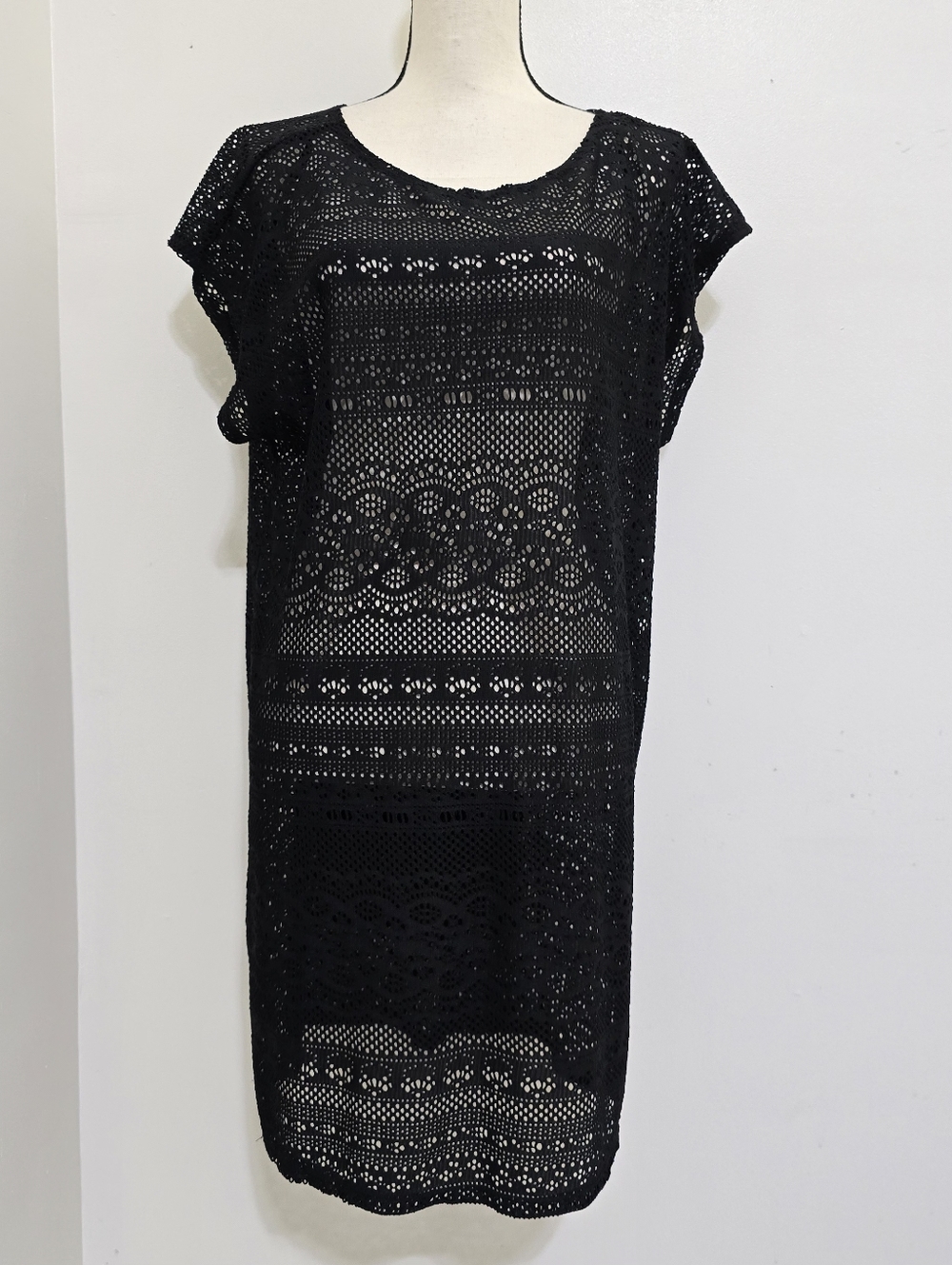 MERONA size Large Lace Swim Cover Up Black Cap‎ Sleeve Breathable